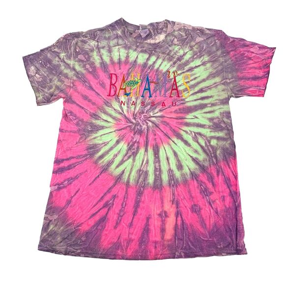Bahamas Embroidered Tie Dye Short Sleeve T-Shirt Size Medium Adult Pink Green M - Picture 1 of 7